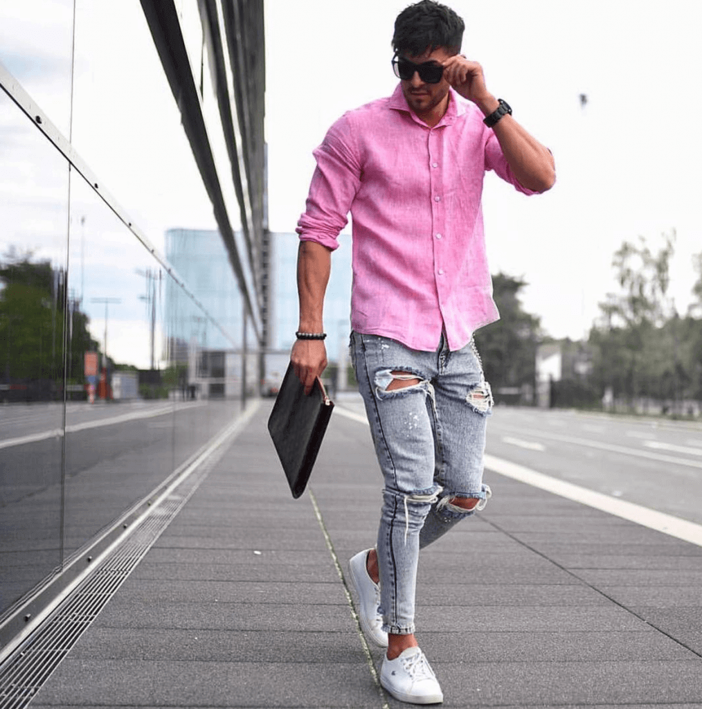 pink shirt outfit ideas 